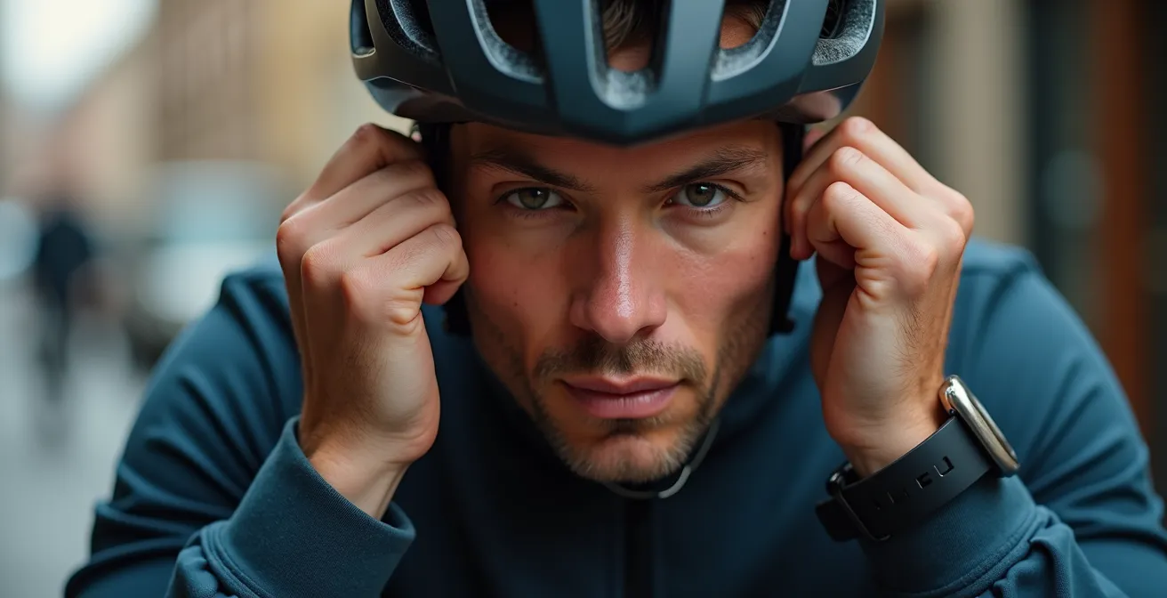 Cycliste ajustant son masque de protection respiratoire