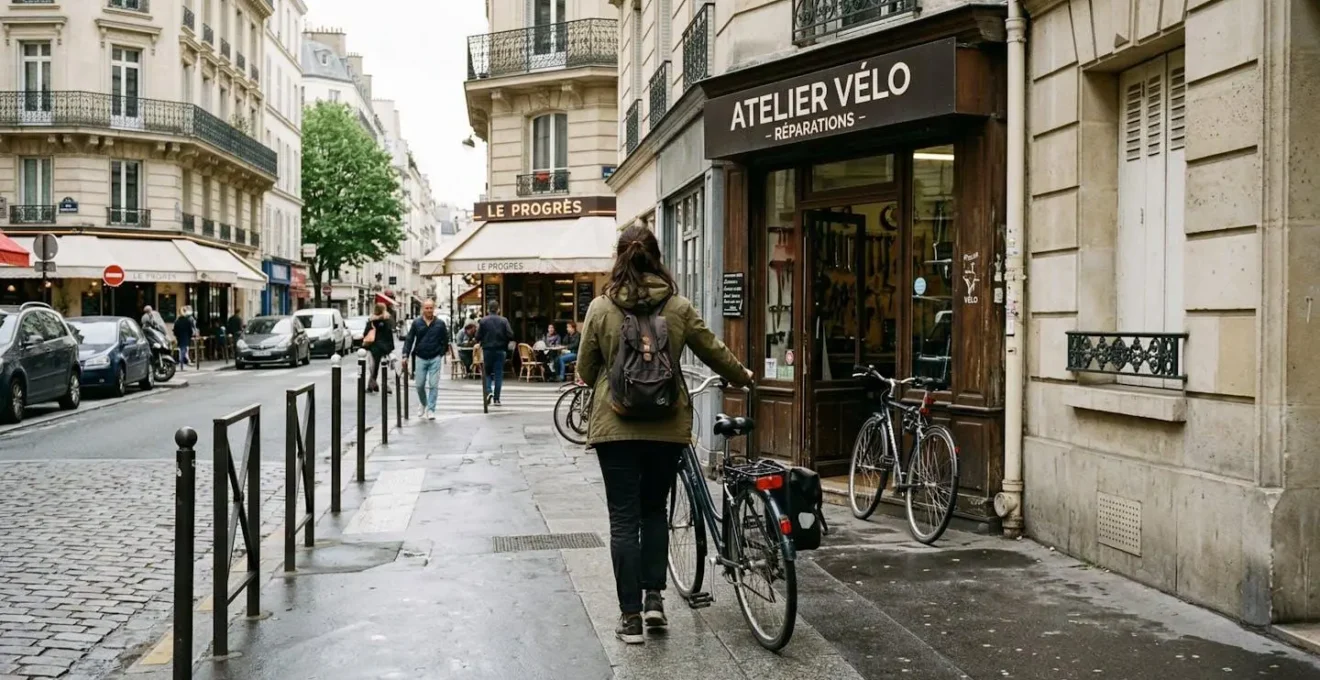 Un cycliste vu de dos pousse son vélo vers l'entrée d'un atelier de réparation dans une rue parisienne typique