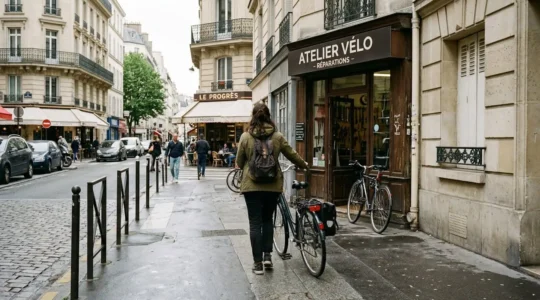 Un cycliste vu de dos pousse son vélo vers l'entrée d'un atelier de réparation dans une rue parisienne typique
