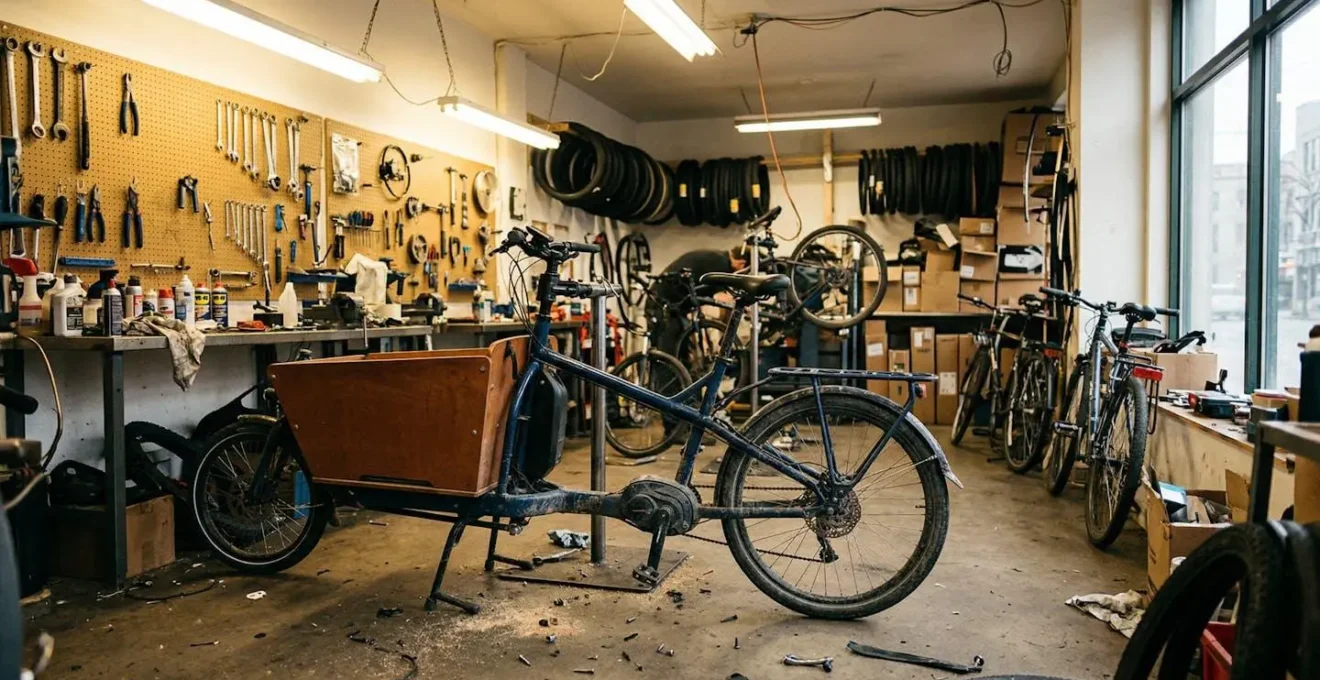 Un vélo cargo électrique stationné dans un atelier de réparation avec plusieurs vélos en arrière-plan